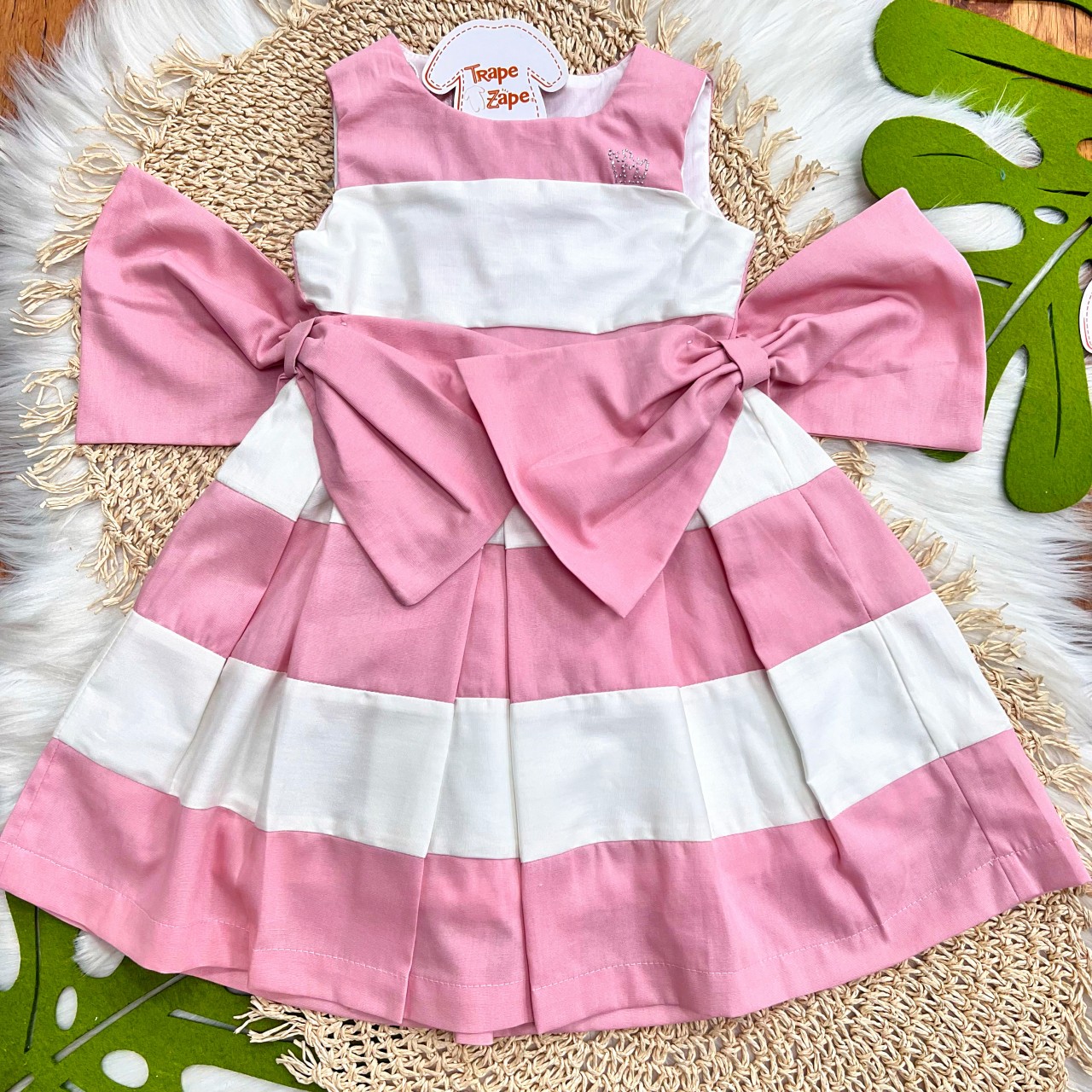 Vestido Tricoline Rosa e Off White com Laços